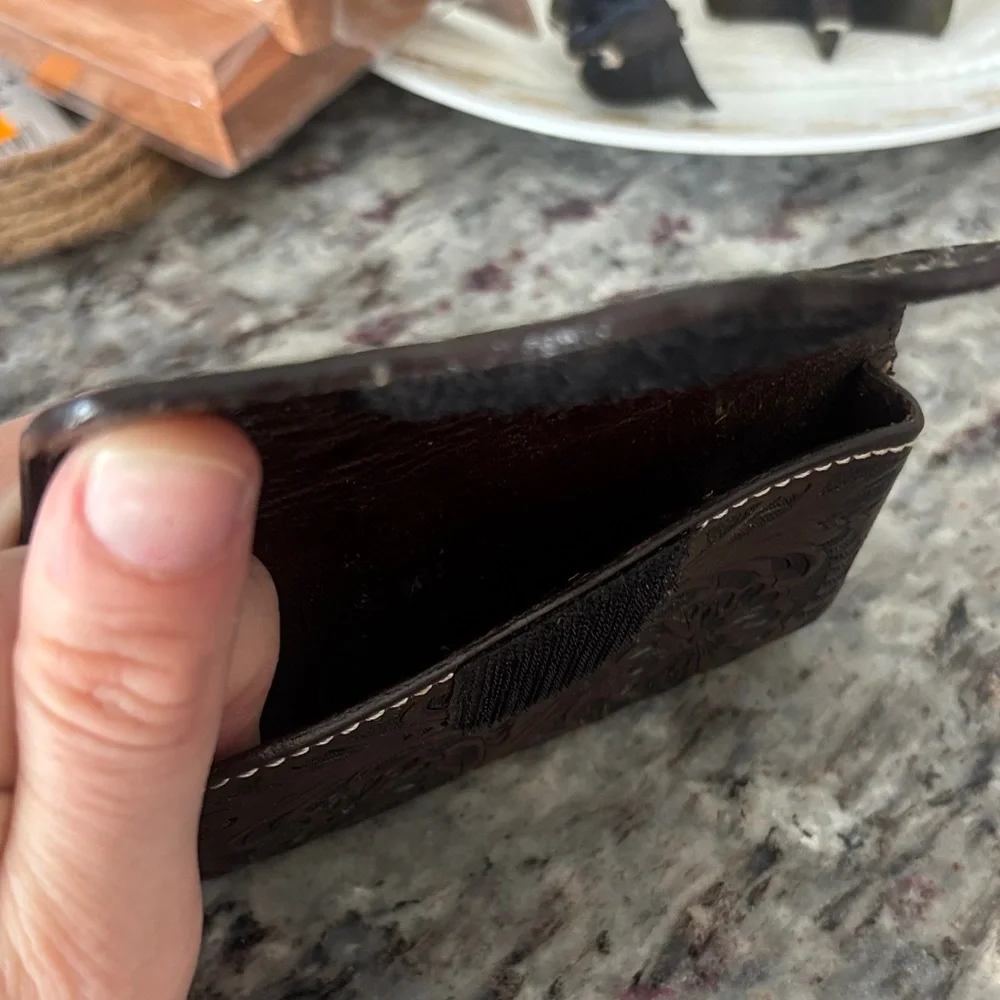 Hand-Tooled Floral Leather belt cell/beeper holder - Dark Brown